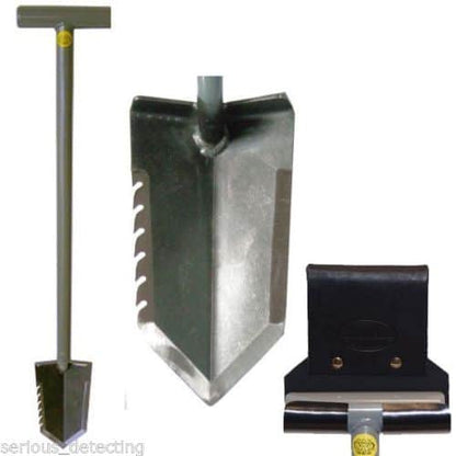 Lesche T-handle shovel with serrated edge and ReadyShovel leather and Kydex holster on white background