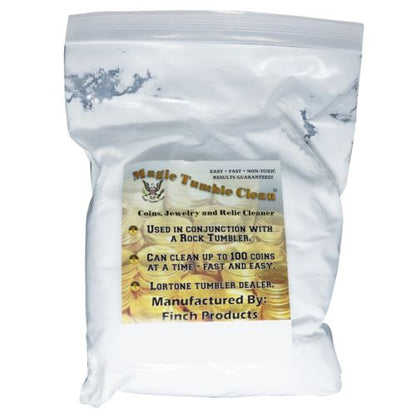 White bag with a label for 'Magic Tumble Clean' product on a white background
