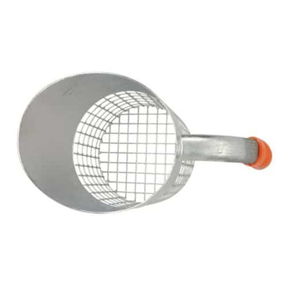 A scoop with a wire mesh basket body and a bright orange rubber handle, shown on a plain white background.