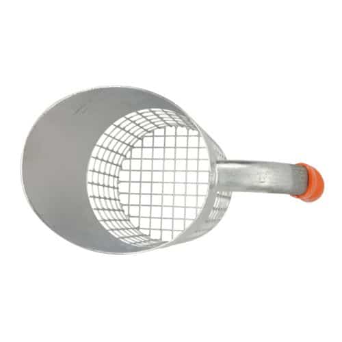 A scoop with a wire mesh basket body and a bright orange rubber handle, shown on a plain white background.