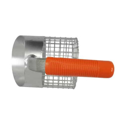 A scoop with a wire mesh basket body and a bright orange rubber handle, shown on a plain white background.