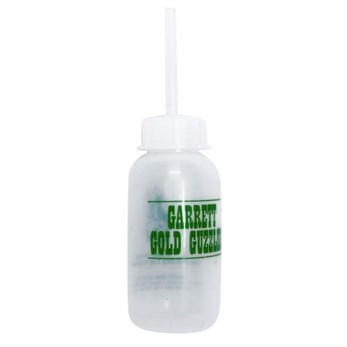 Garrett  Gold Guzzler Bottle for prospection with product title printed on a clear plastic bottle at slight angle.