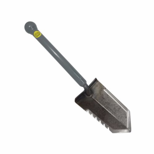 Lesche Mini Sampson 18-inch ball-handle shovel with serrated blade and yellow accent ring on white background