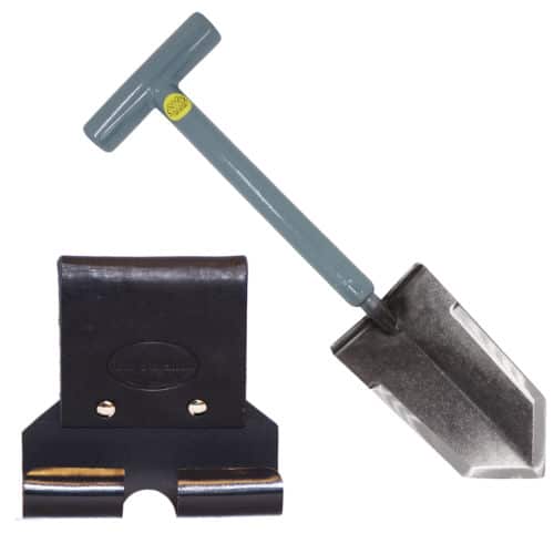 Lesche Mini Sampson 18-inch T-handle shovel with pre-sharpened blade and ReadyShovel leather holster