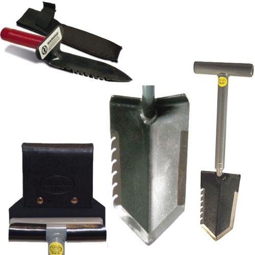 Lesche Sampson 18-inch T-handle shovel with serrated blade, right-serrated digging tool, and holsters