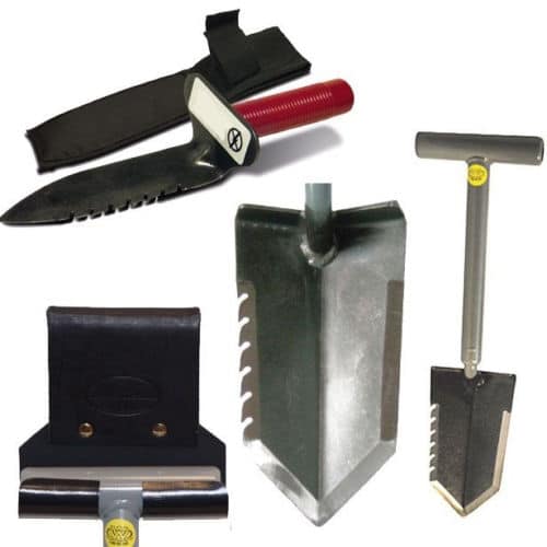 Lesche Combo with 18-inch serrated T-handle shovel, left-serrated digger, leather holster, and Cordura sheath