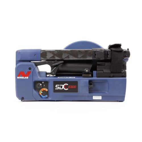 The Minelab SDC 2300 metal detector folded for storage or travel.