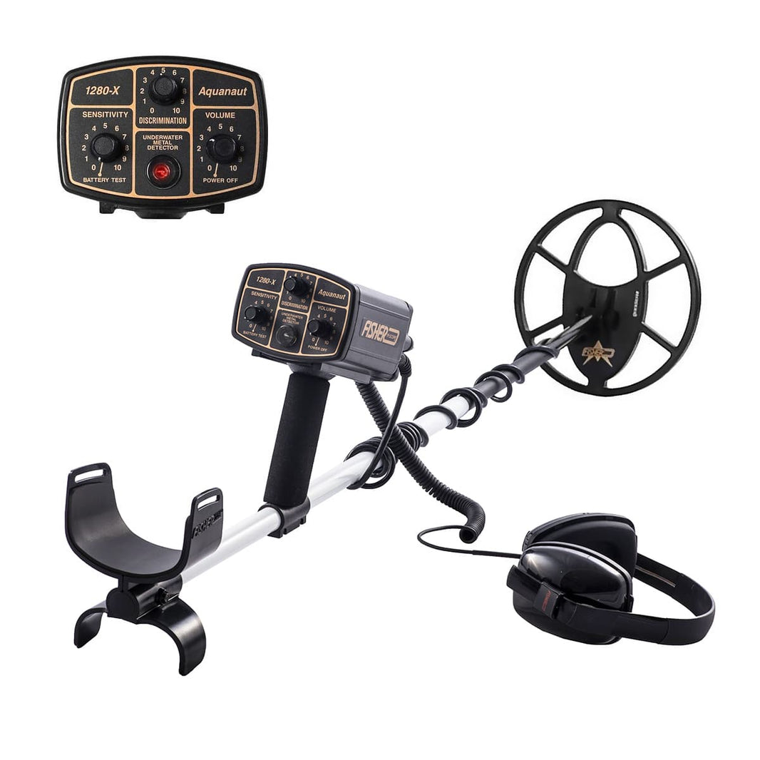 Fisher 1280X submersible metal detector with 10-inch concentric coil and waterproof control housing