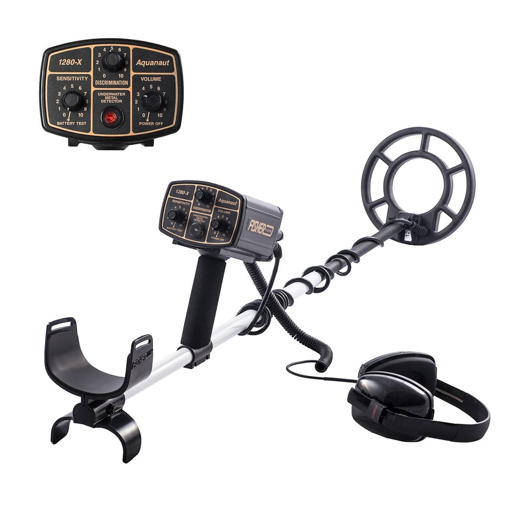 Fisher 1280X submersible metal detector with eight-inch waterproof coil and control housing on white background