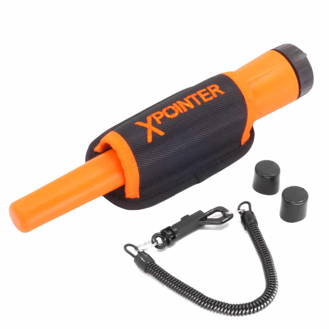 Orange Quest XPointer water-resistant pinpointer in the belt holster, shown with the lanyard on white background