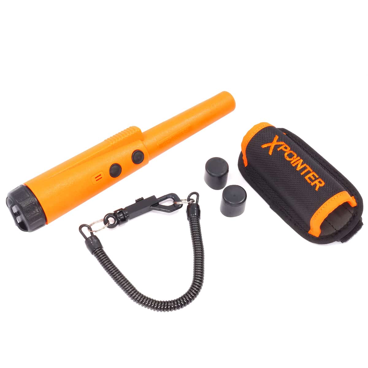 Orange Quest XPointer water-resistant pinpointer with belt holster and lanyard on white background