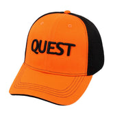 Quest orange black mesh cap displaying brand logo and ventilation