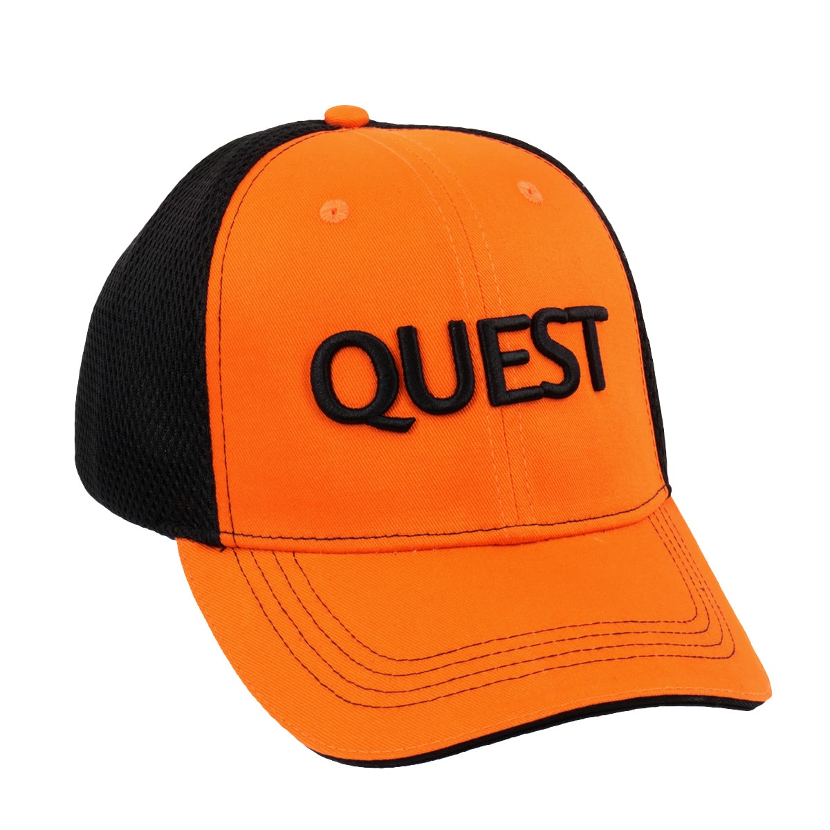 Quest Metal Detectors orange and black mesh baseball cap front view