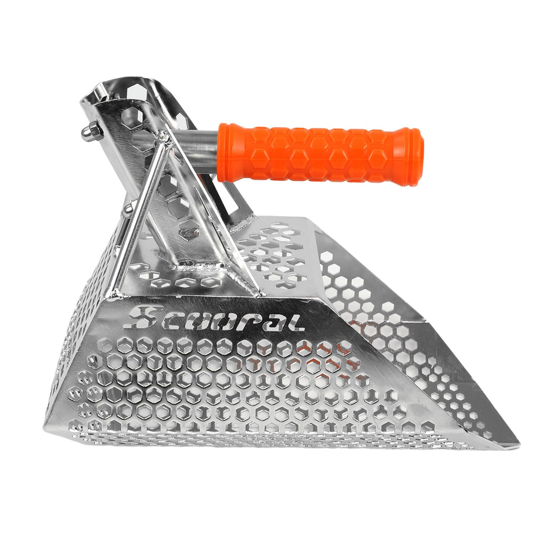 Quest Scoopal sand scoop with hand rod, 304 stainless steel bucket and orange polymer handle for beach metal detecting