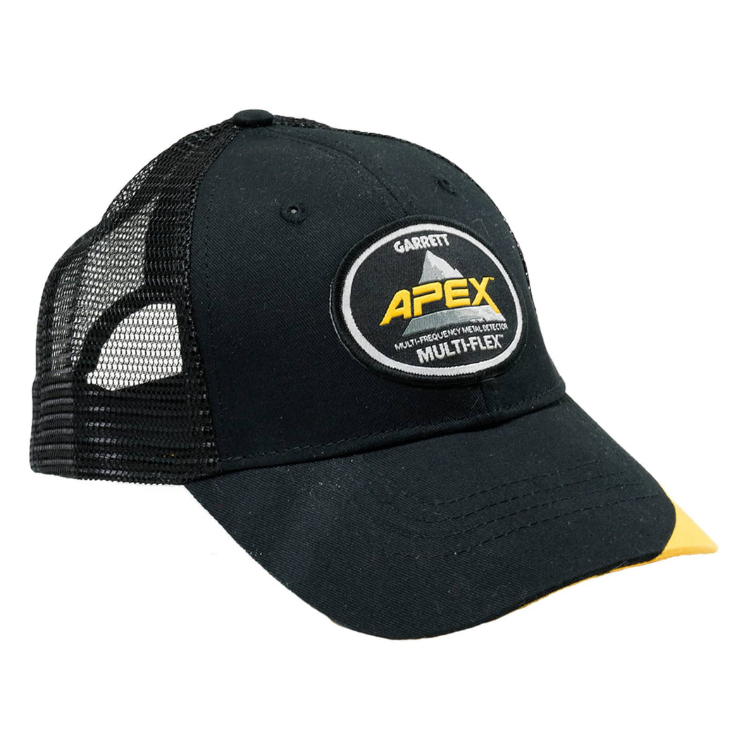 Garrett Apex metal detector cap front view showing embroidered logo