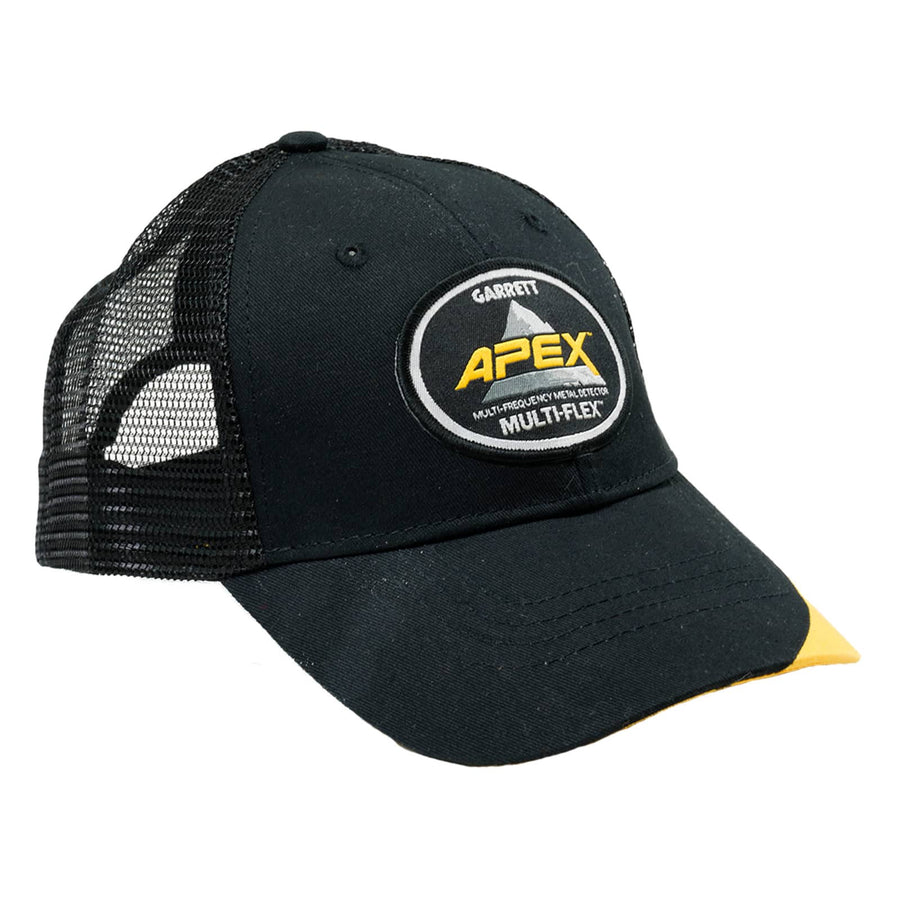 Garrett Apex metal detector cap front view showing embroidered logo