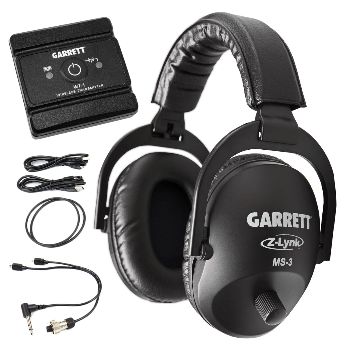 Garrett MS-3 Z-Lynk wireless headphones with WT-1 transmitter and connector cables