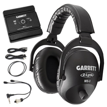 Garrett MS-3 Z-Lynk wireless headphones with WT-1 transmitter and connector cables