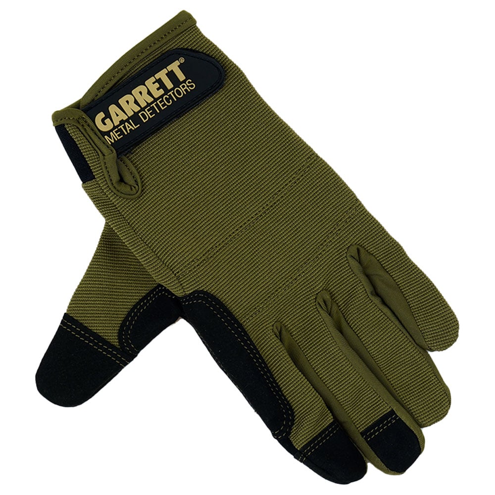 Garrett metal detector gloves showing foam padding on palms and knuckles