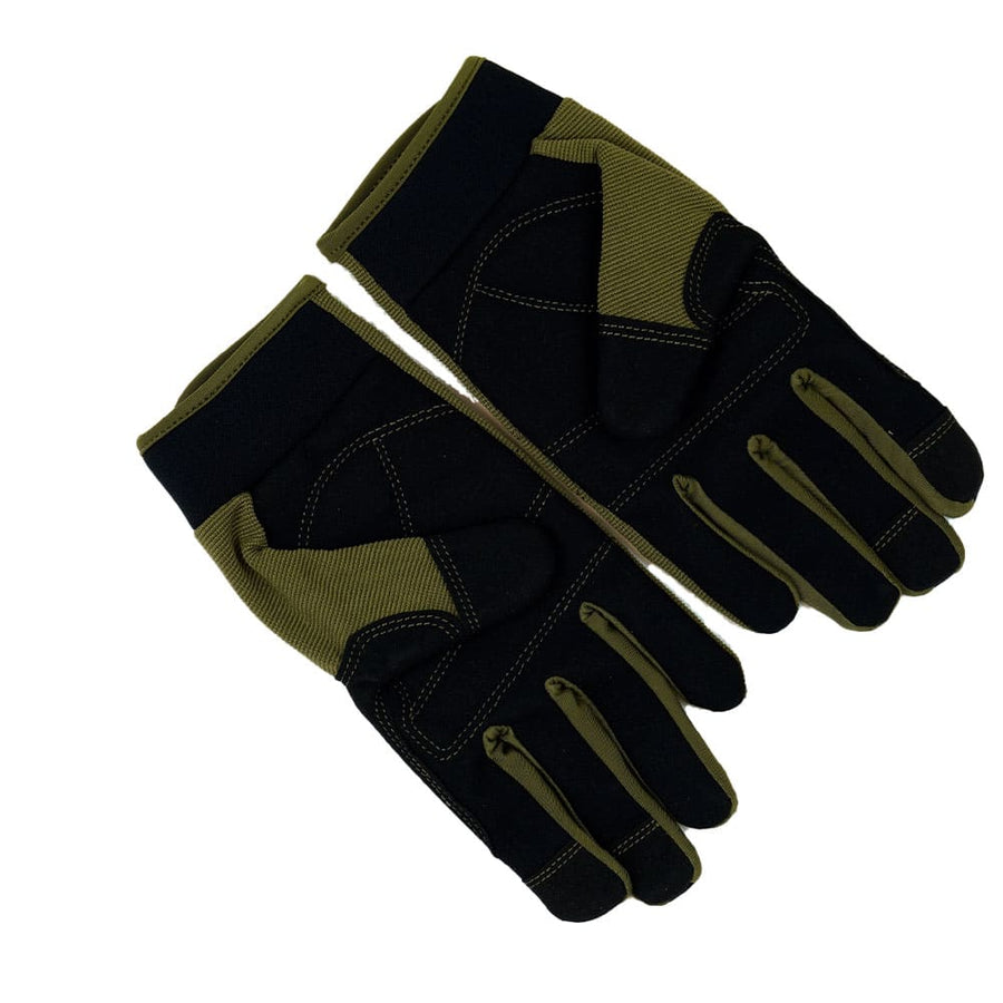 Garrett metal detecting gloves displayed showing protective features and brand logo