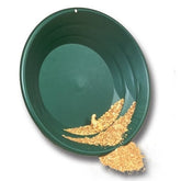 Green Garrett Super Sluice 15 inch gold pan with gold flakes caught along the riffles
