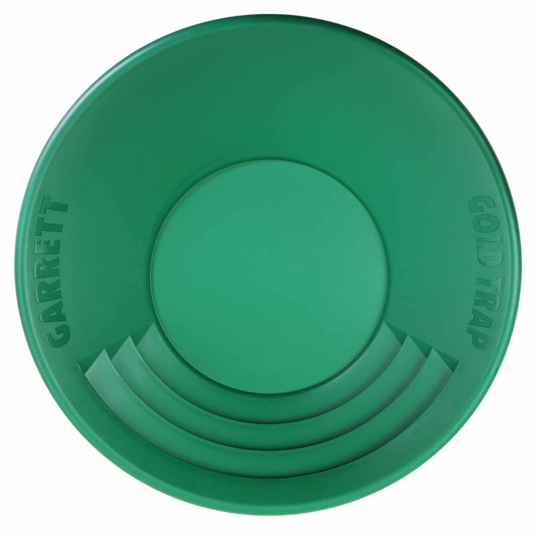 Garrett 14 inch green gravity trap gold pan showing deep throat funnel design