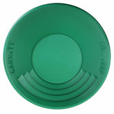 Garrett 14 inch green gravity trap gold pan showing deep throat funnel design