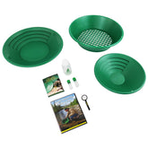 Garrett 14-inch and 10-inch gravity trap gold pans with green riffled design