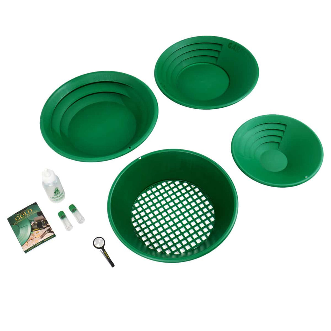 Garrett Deluxe Gold Panning Kit with three pans, classifier, bottles and instruction guides