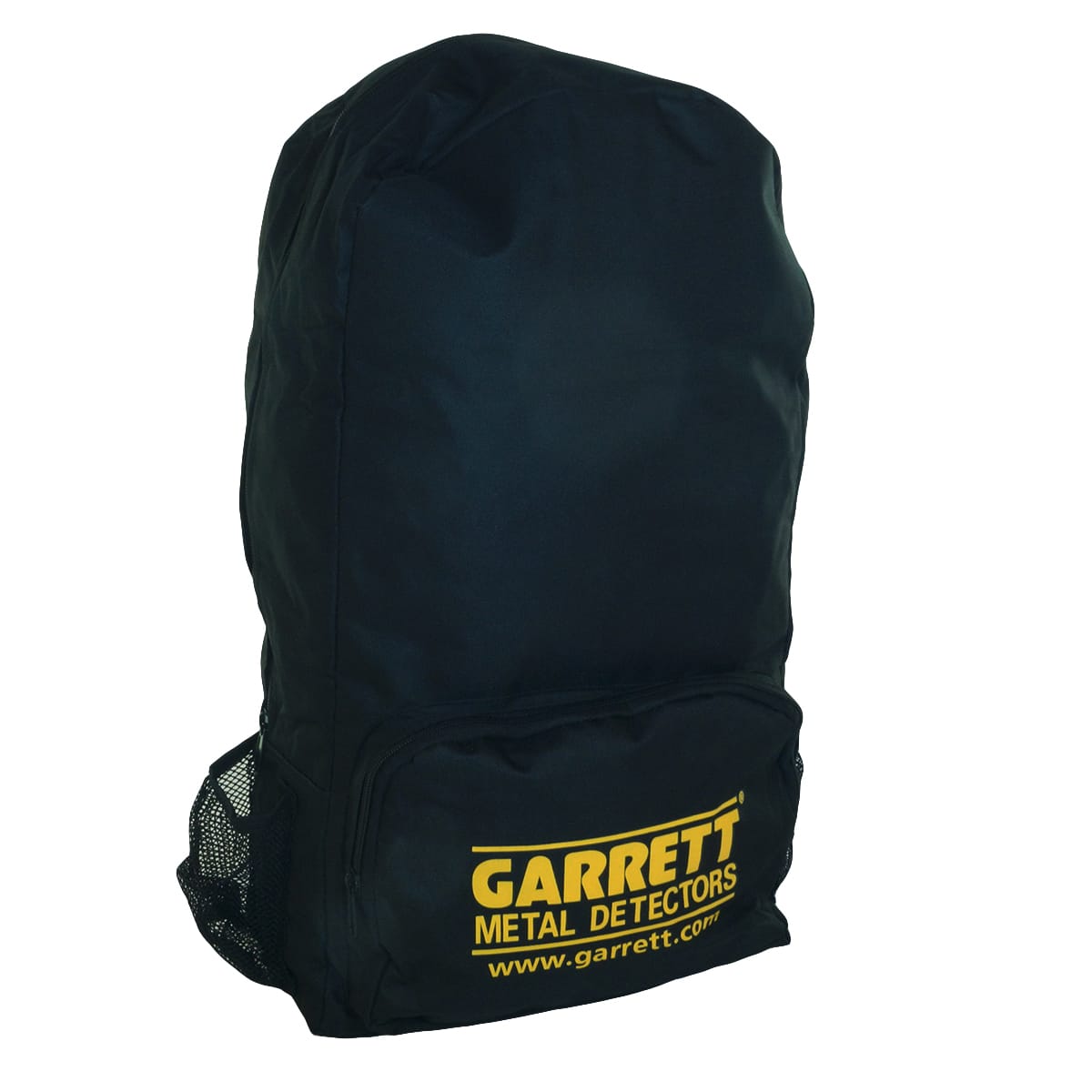 Garrett all-purpose backpack with yellow logo and adjustable straps for detector coil storage