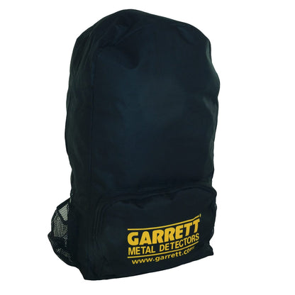 Garrett all-purpose backpack with yellow logo and adjustable straps for detector coil storage