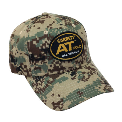 Garrett AT Gold camo baseball cap with embroidered logo and adjustable Velcro strap