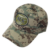Side view of Garrett ATX camo baseball cap showing curved bill