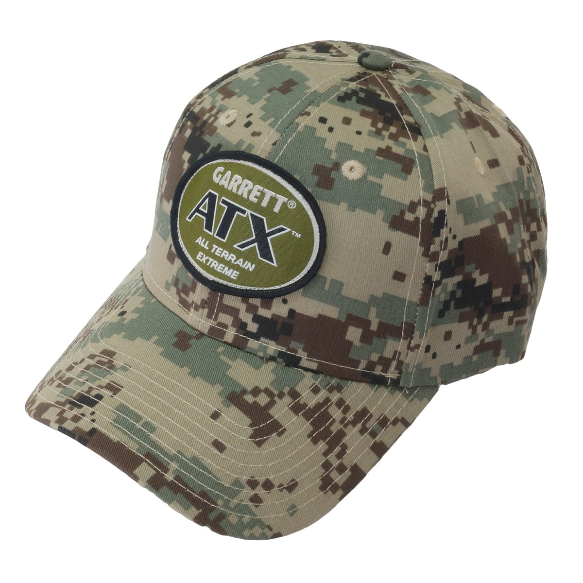Side view of Garrett ATX camo baseball cap showing curved bill