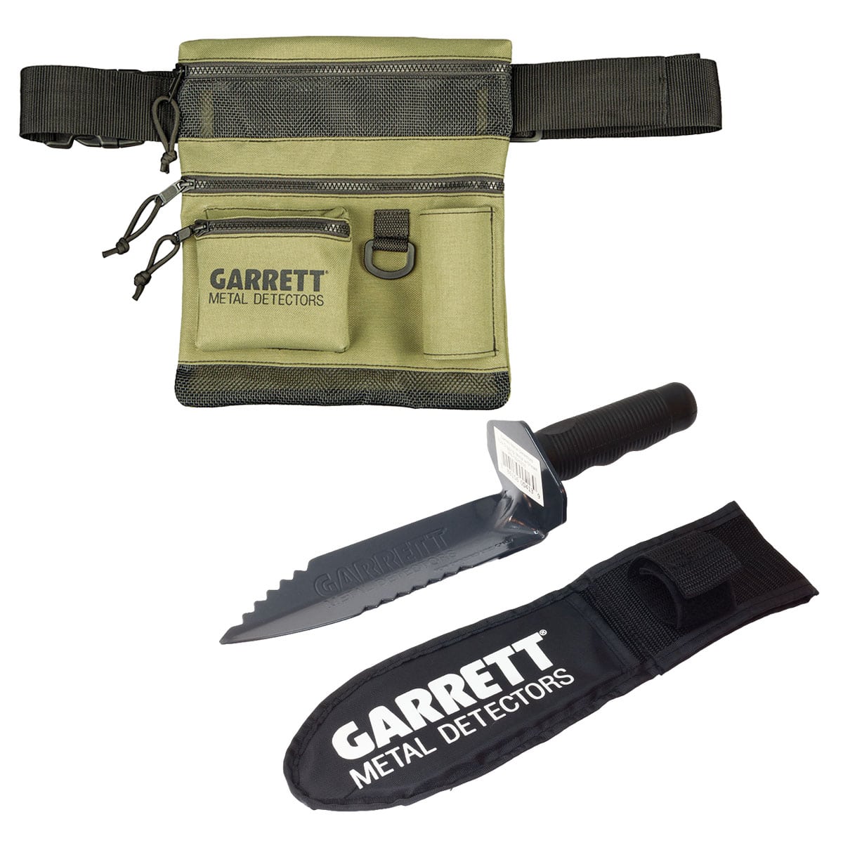 The khaki Garrett All Terrain Dig Pouch and black Edge Digger digging tool with Belt Sheath, shown on a white background.