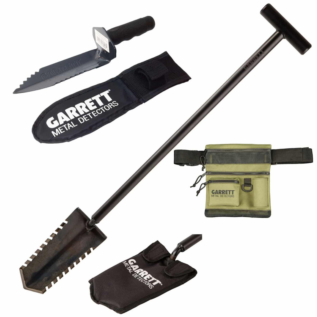 Garrett bundle: Razor Relic Shovel with sheath, Edge Digger with sheath and All Terrain Dig Pouch laid out together