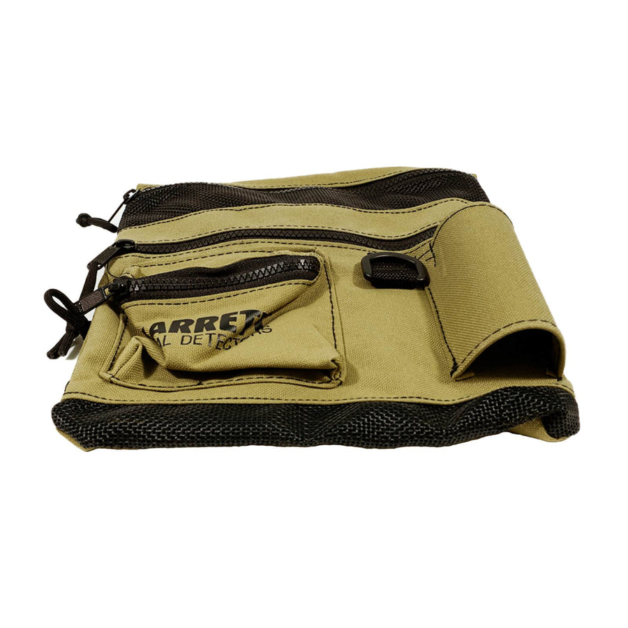 Garrett All Terrain Dig Pouch lying open with the main mesh compartment unzipped
