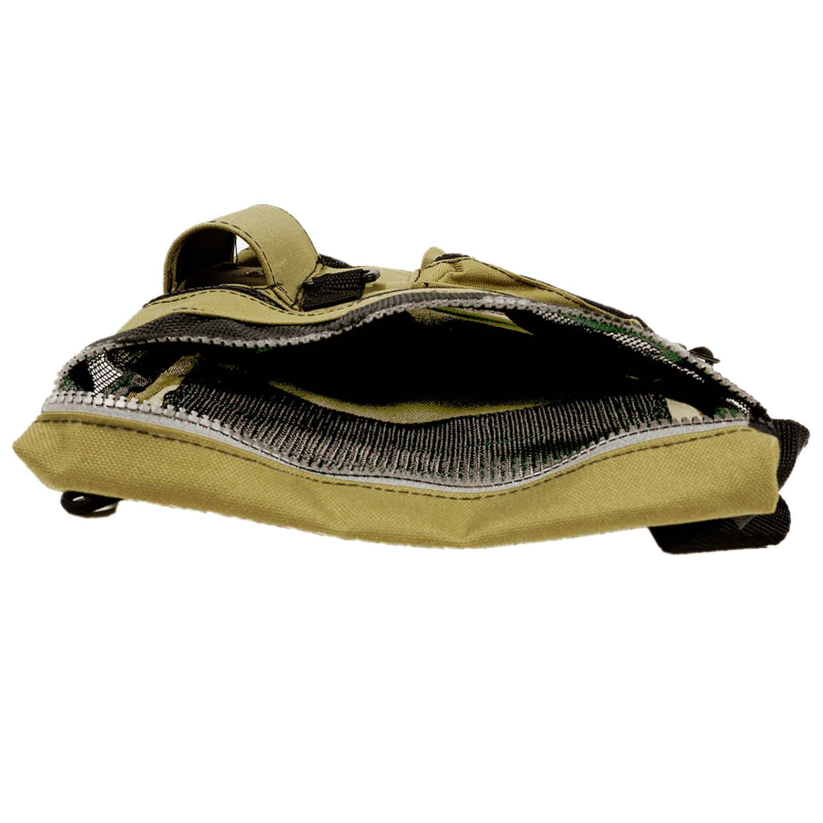 Garrett All Terrain Dig Pouch opened flat showing the interior carabiner and pockets