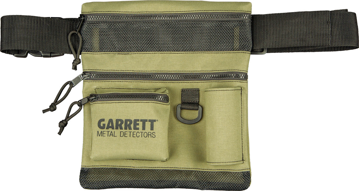 Garrett All Terrain Dig Pouch front view, tan with black mesh panels and Garrett logo