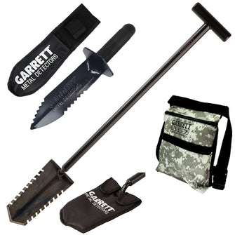Garrett Razor Relic Shovel, Garrett Edge Digger, and Garrett Camo Digger's Pouch