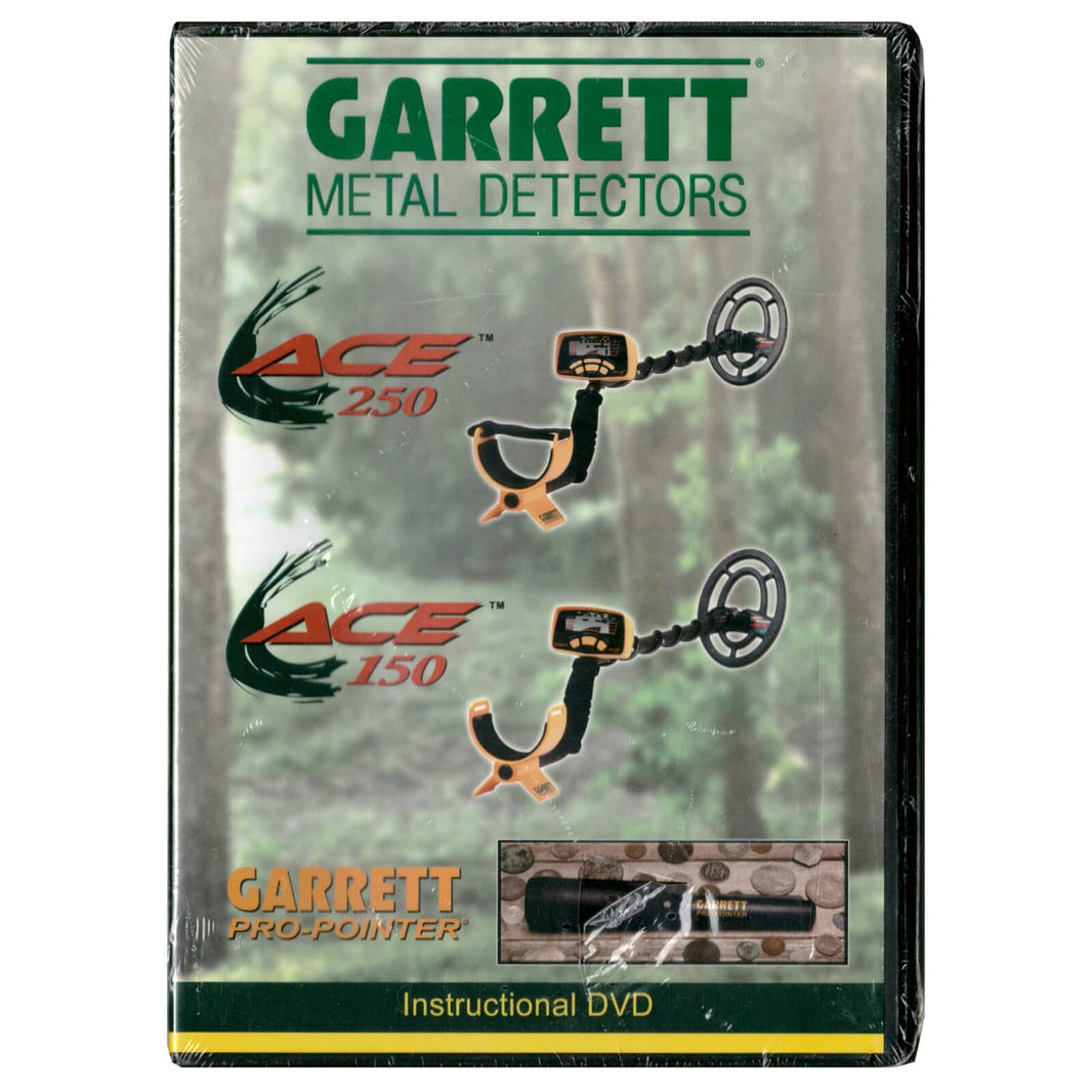 Garrett instructional DVD case for ACE 150 and ACE 250 metal detectors with field demonstration scenes