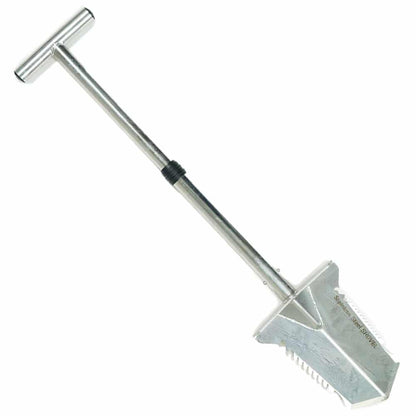 Nokta stainless steel premium shovel fully assembled showing T-handle and serrated blade