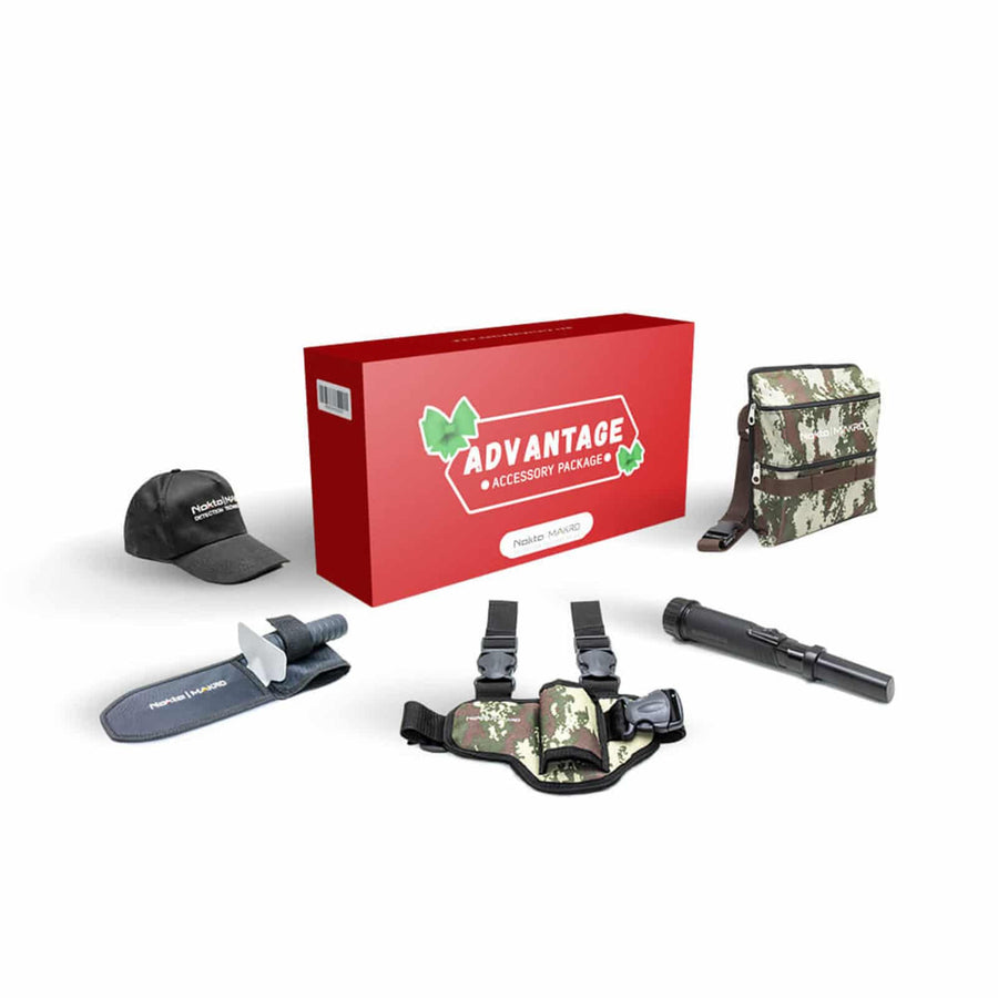 Nokta Advantage Package complete metal detecting kit with all components displayed