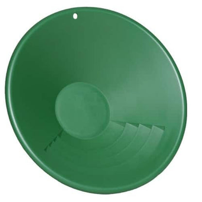 Garrett 10 inch BackPacker gold pan showing green color and riffle design