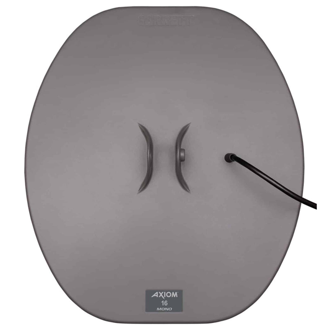 Garrett Axiom 16 x 14 inch Mono search coil, top view of the solid grey coil with mounting ears and cable