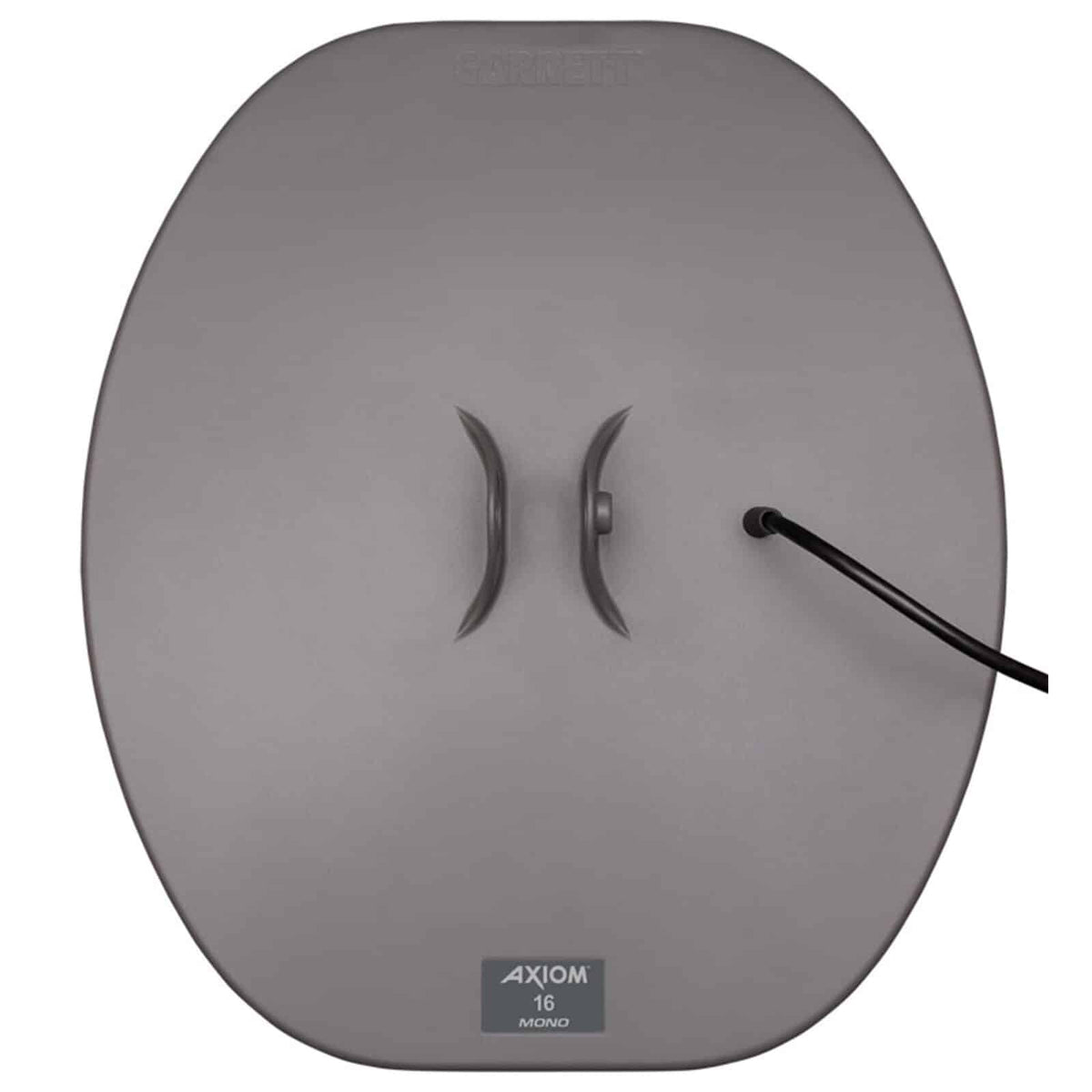 Garrett Axiom 16 x 14 inch Mono search coil, top view of the solid grey coil with mounting ears and cable