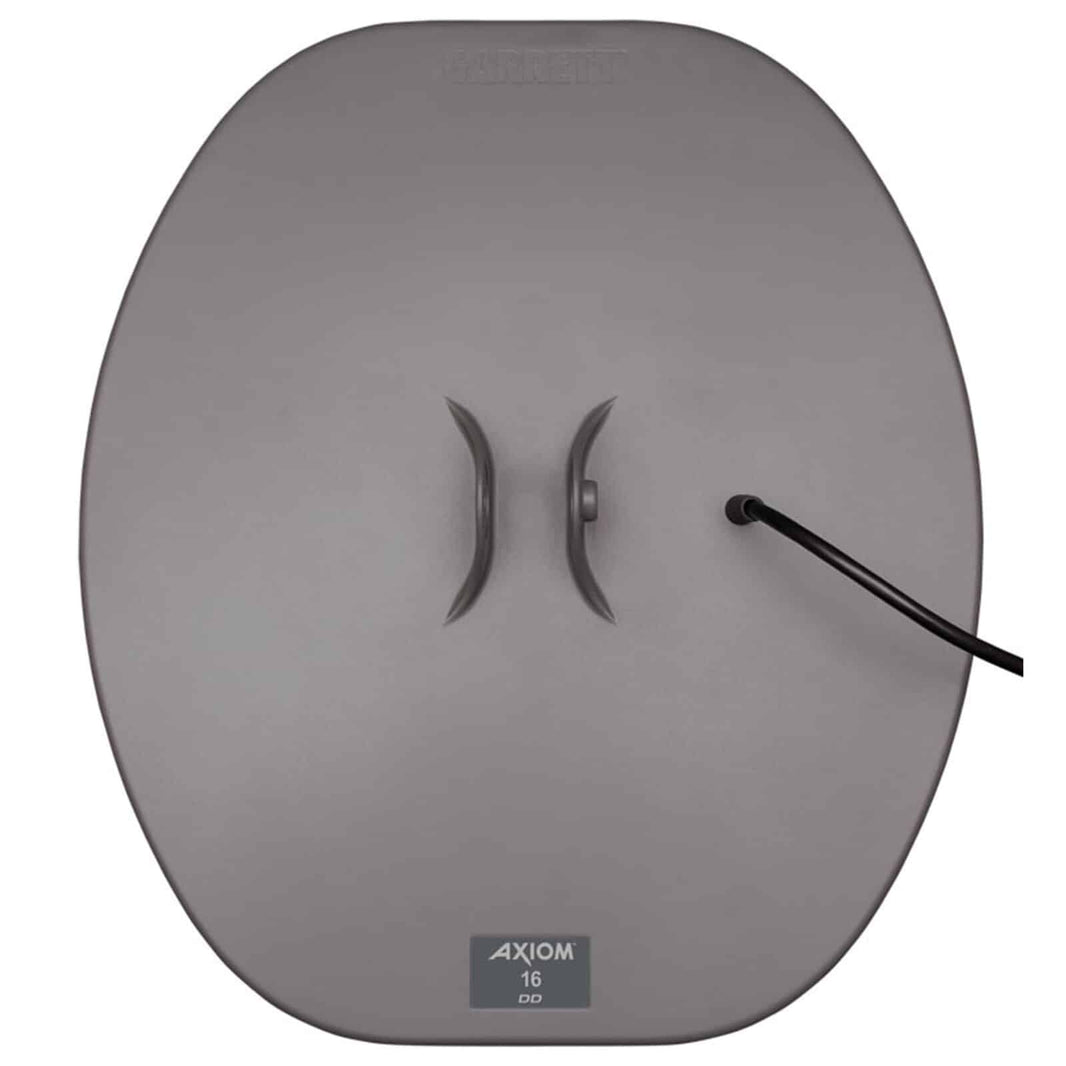 Garrett Axiom 16 inch by 14 inch DD search coil with semi-elliptical geometry and protective cover for gold prospecting