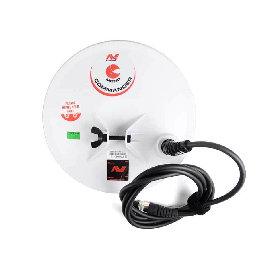 Minelab 8-inch Round Mono Commander Coil with protective cover and mounting hardware for GPX and SD series gold detectors