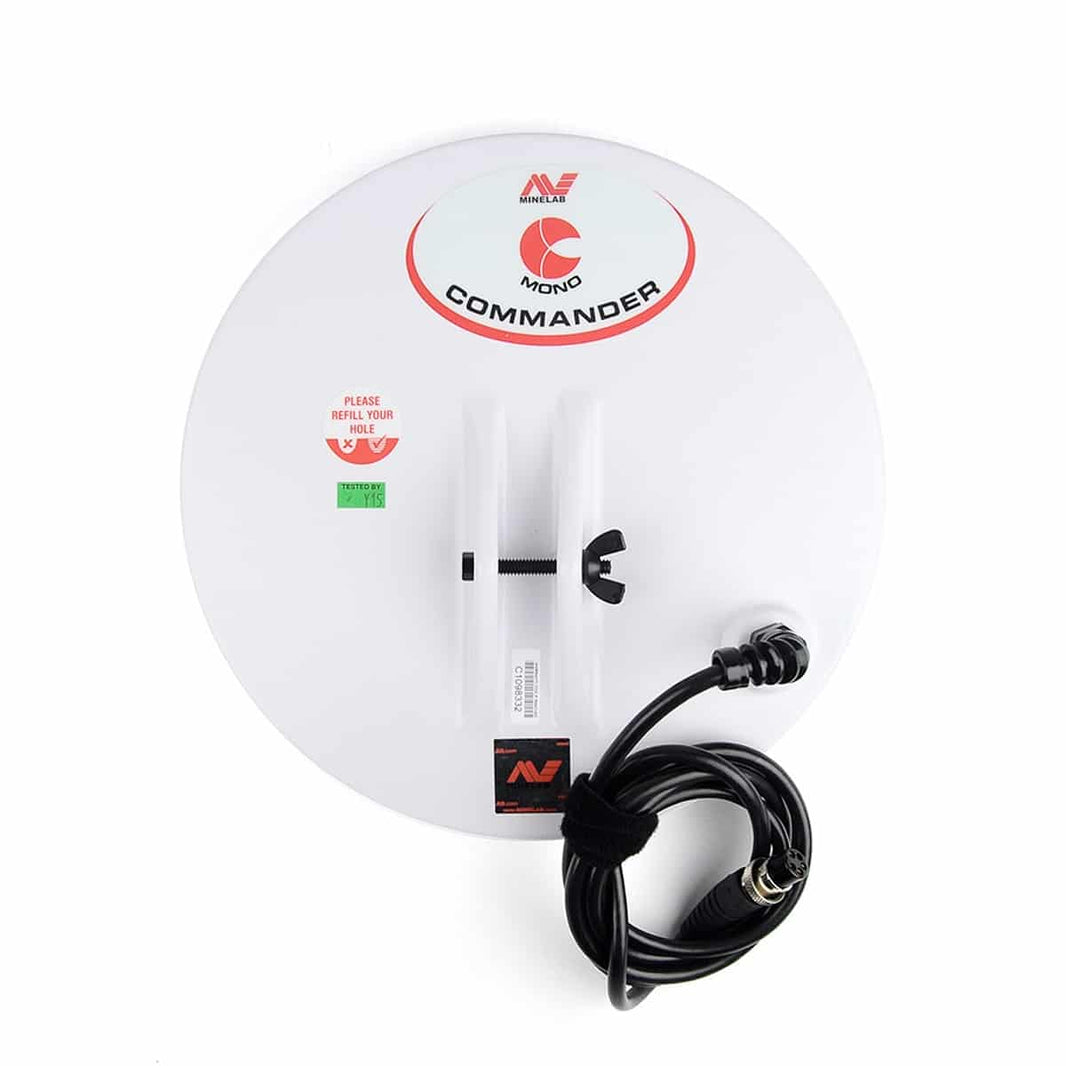Minelab 11-inch Round Monoloop Commander Coil with protective cover and mounting hardware for GPX, GP, and SD series gold detectors