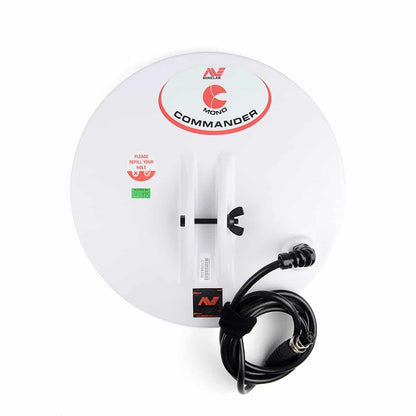 Minelab 11-inch Round Monoloop Commander Coil with protective cover and mounting hardware for GPX, GP, and SD series gold detectors
